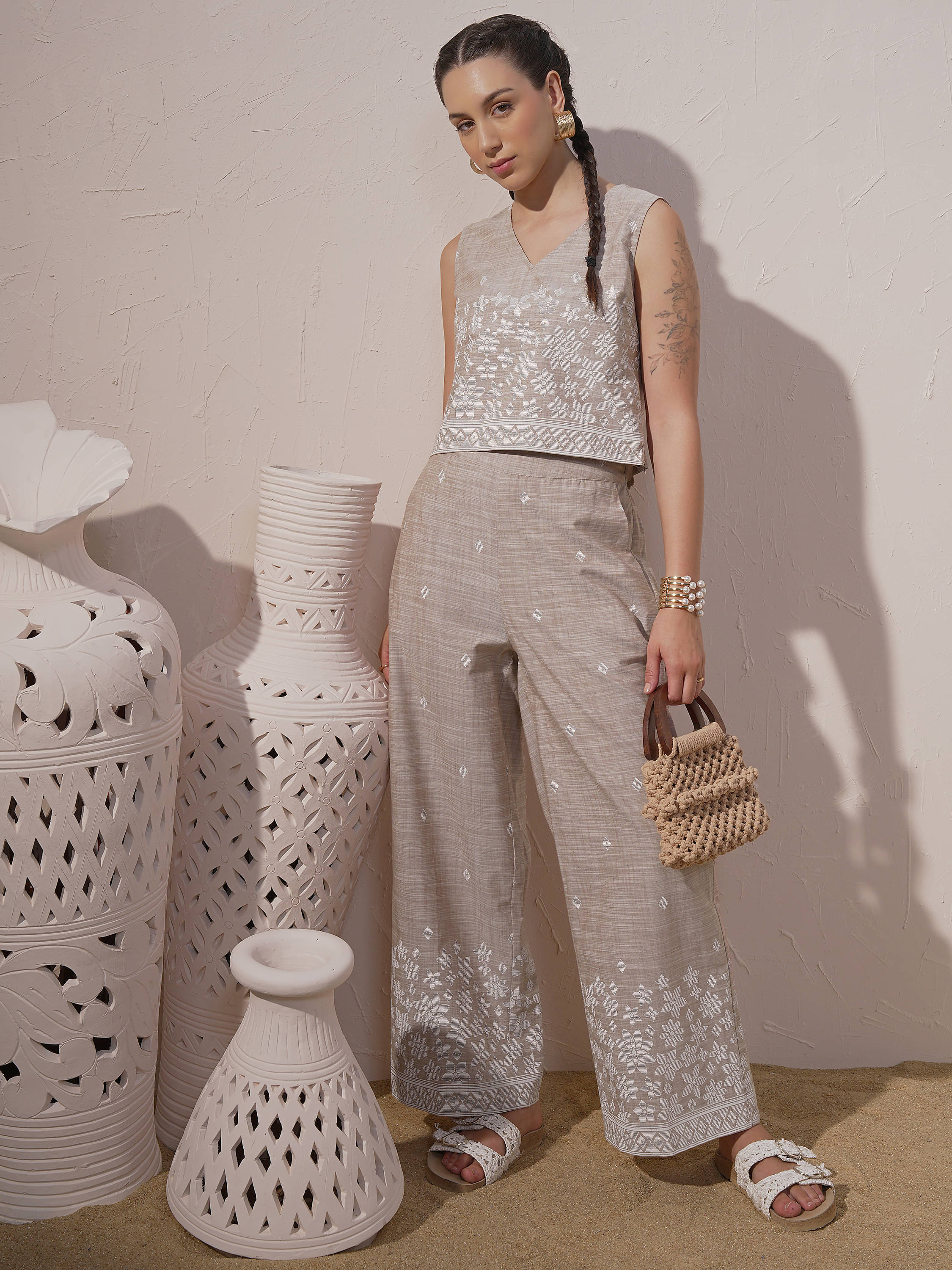     			Vishudh Women Self Design Top With Trousers Co-Ord Set ( Brown )