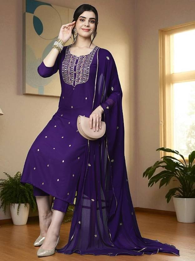     			Zorista Women Cotton Embroidered A-line Kurti With Pants ( Purple )