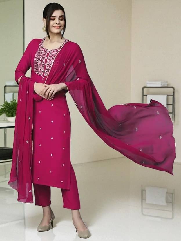Zorista Women Rayon Embroidered A-line Kurti With Pants ( Pink ) Zorista Women Rayon Embroidered A-line Kurti With Pants ( Pink )