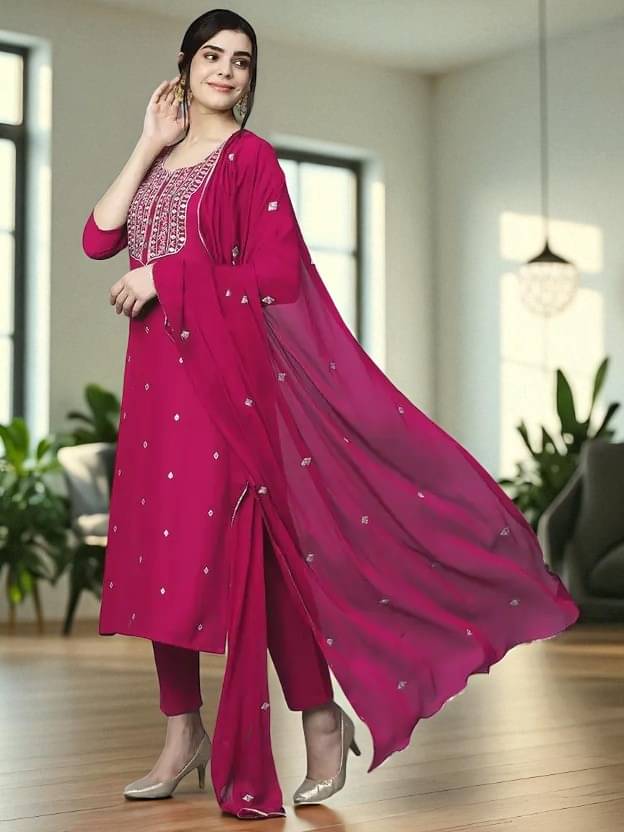 Zorista Women Rayon Embroidered A-line Kurti With Pants ( Pink ) Zorista Women Rayon Embroidered A-line Kurti With Pants ( Pink )