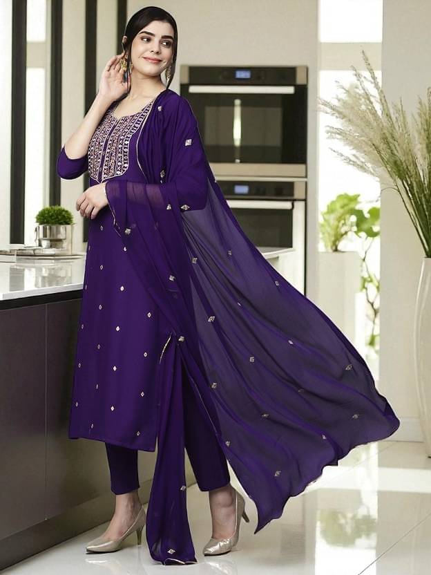     			Zorista Women Rayon Embroidered A-line Kurti With Pants ( Purple )