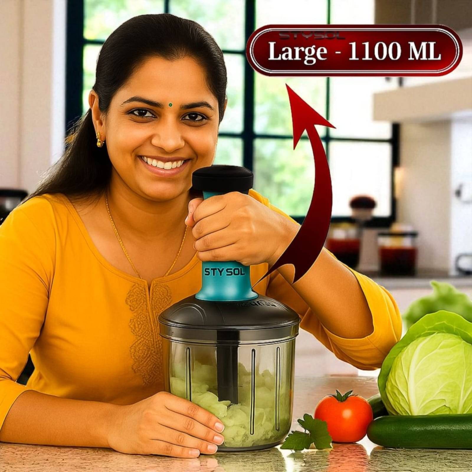 1100 ML Handy Push Chopper Vegetable & Fruit Cutter, Special Cutter for Onion Chopper, with 5 Stainless Steel Blade and Pull Cord Technology 1100 ML Handy Push Chopper Vegetable & Fruit Cutter, Special Cutter for Onion Chopper, with 5 Stainless Steel Blade and Pull Cord Technology