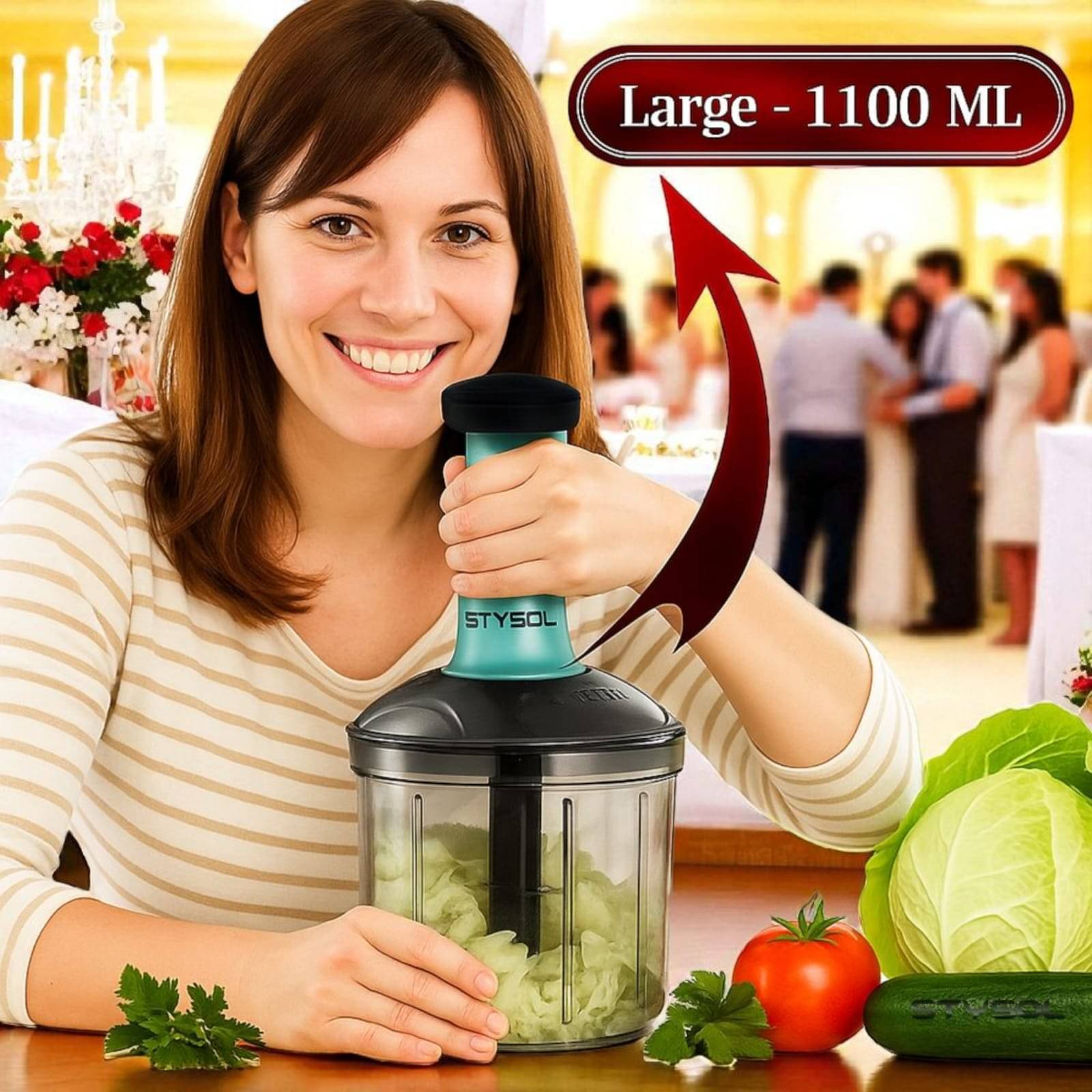     			1100 ML Handy Push Chopper Vegetable & Fruit Cutter, Special Cutter for Onion Chopper, with 5 Stainless Steel Blade and Pull Cord Technology