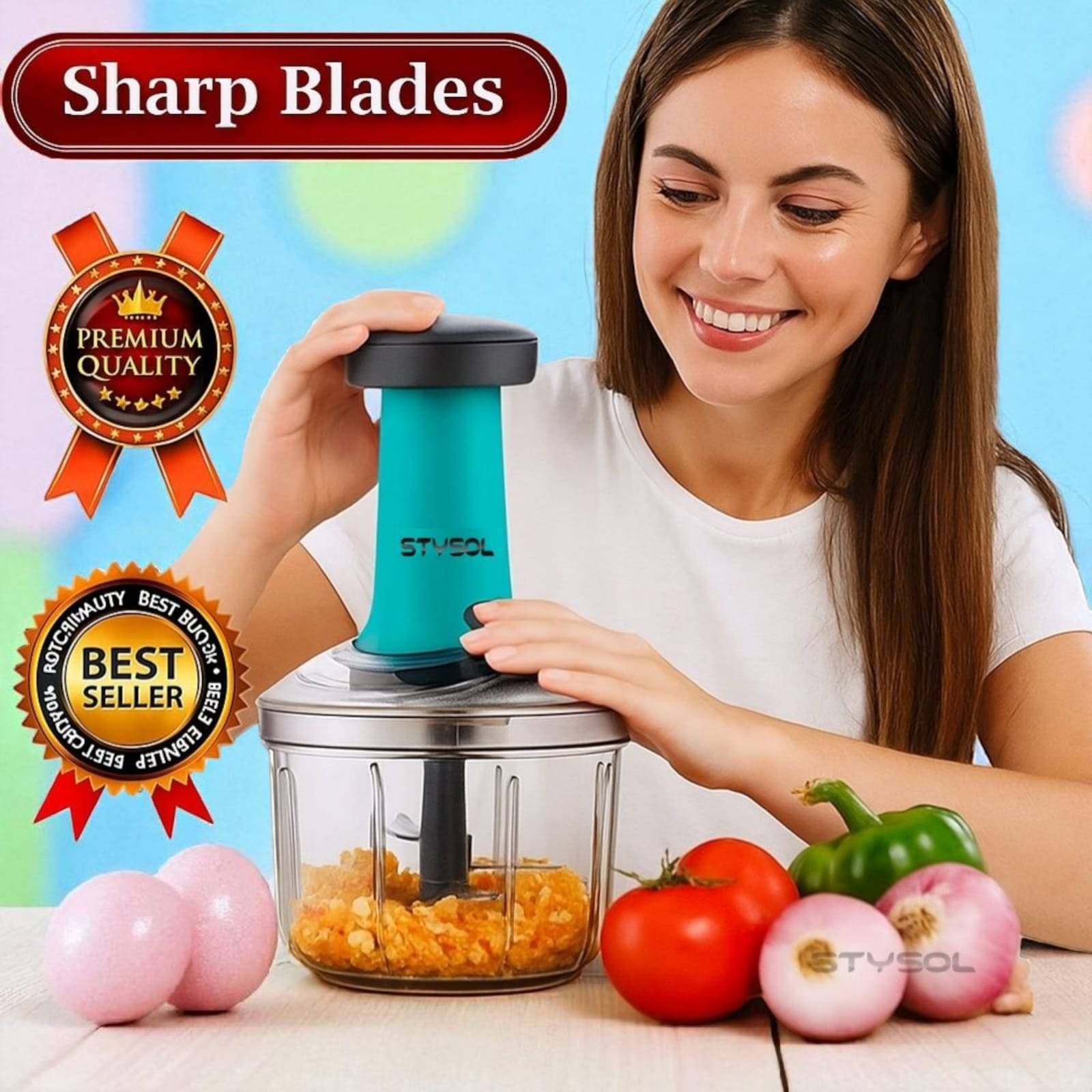     			1100 ML Large Quick & Powerful Hand Held Food Chopper to Chop & Cut Fruits, Vegetables, Herbs, Onions for Salsa, Salad, Pesto, Hummus, Guacamole (Premium) | 3 Stainless Steel Blades