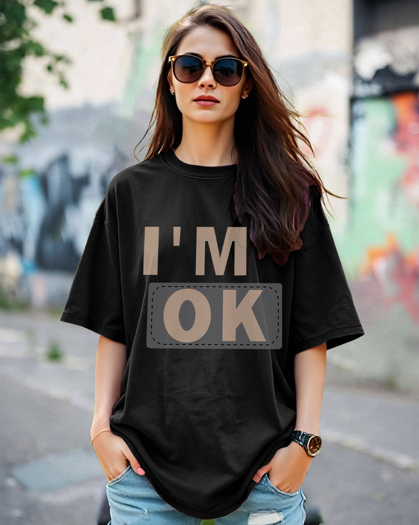     			AUSK Women Cotton Blend Printed Oversized Fit Round Neck T-Shirt ( Black )