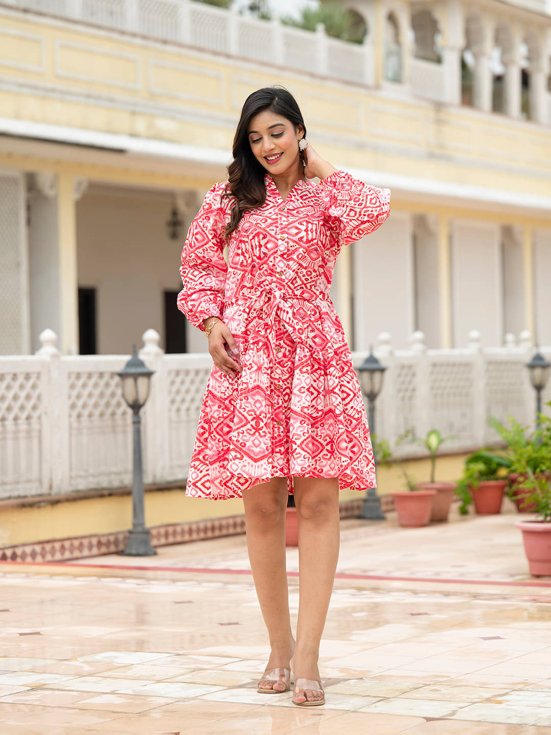 Divena Women Cotton Printed Fit & Flare Dress ( Pink )     			Divena Women Cotton Printed Fit & Flare Dress ( Pink )