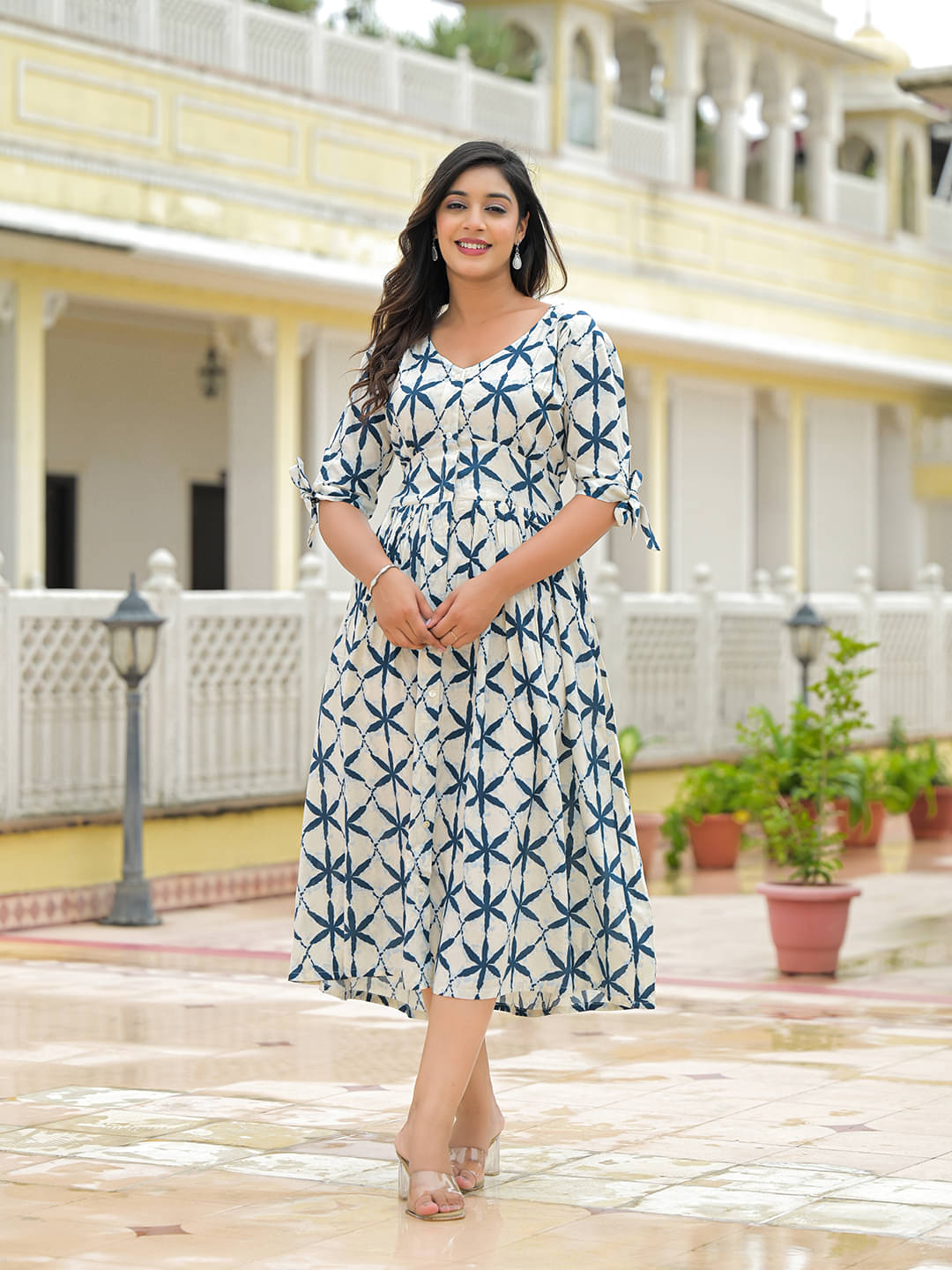     			Divena Women Viscose Rayon Printed Fit & Flare Dress ( Cream )