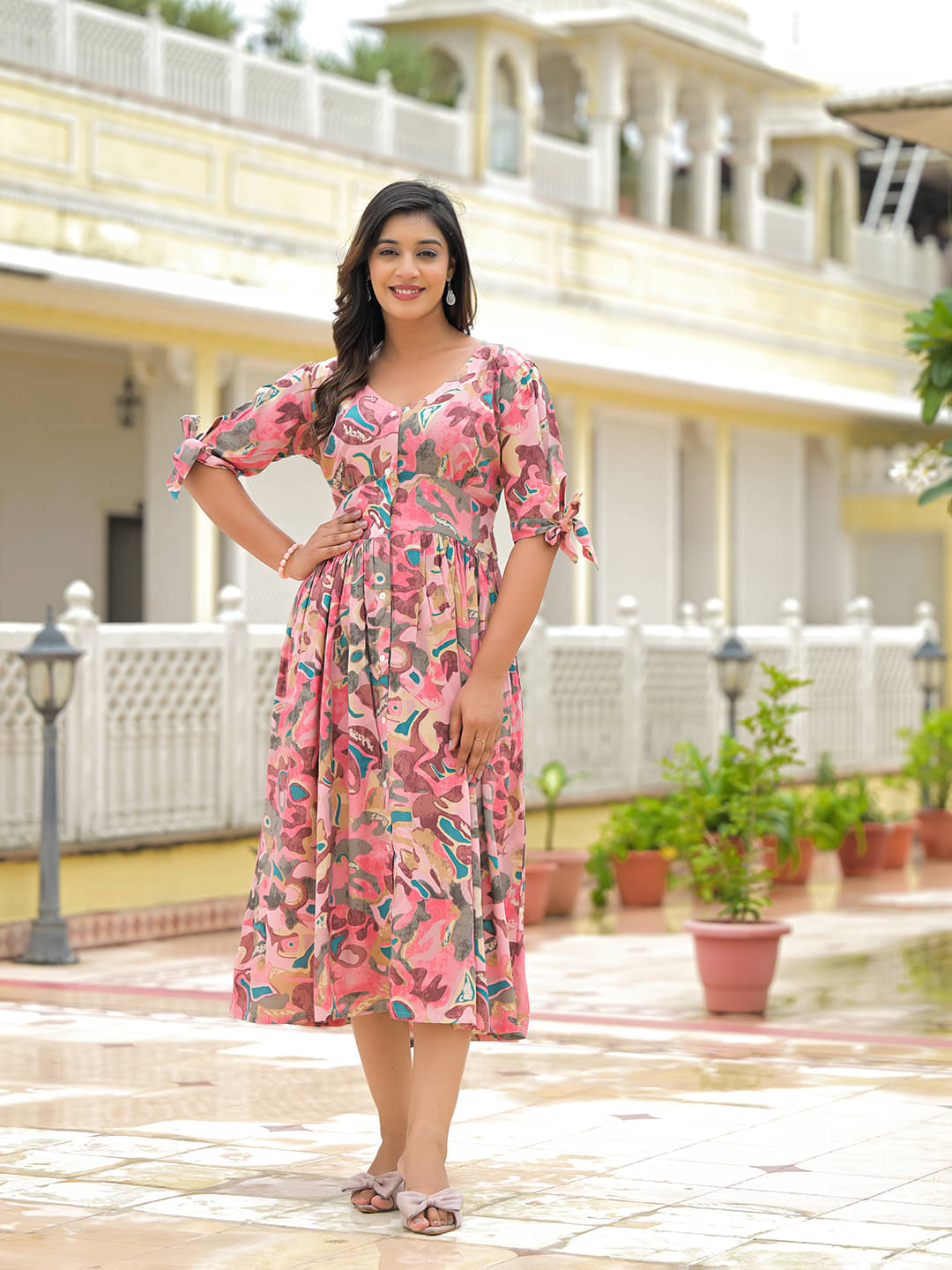 Divena Women Viscose Rayon Printed Fit & Flare Dress ( Pink ) Divena Women Viscose Rayon Printed Fit & Flare Dress ( Pink )