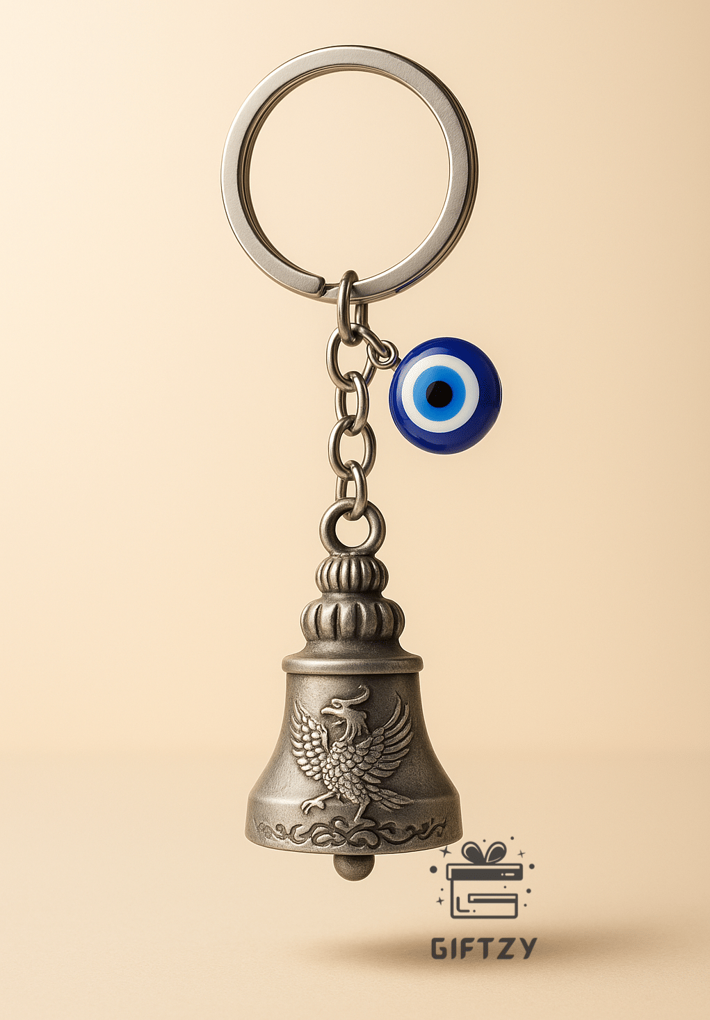Guardian Bell Keychain Silver Falcon Evil Eye Protection Charm Spiritual Bike Keyring Lucky Bell Gift for Riders Men Women Bag Pendant Accessory