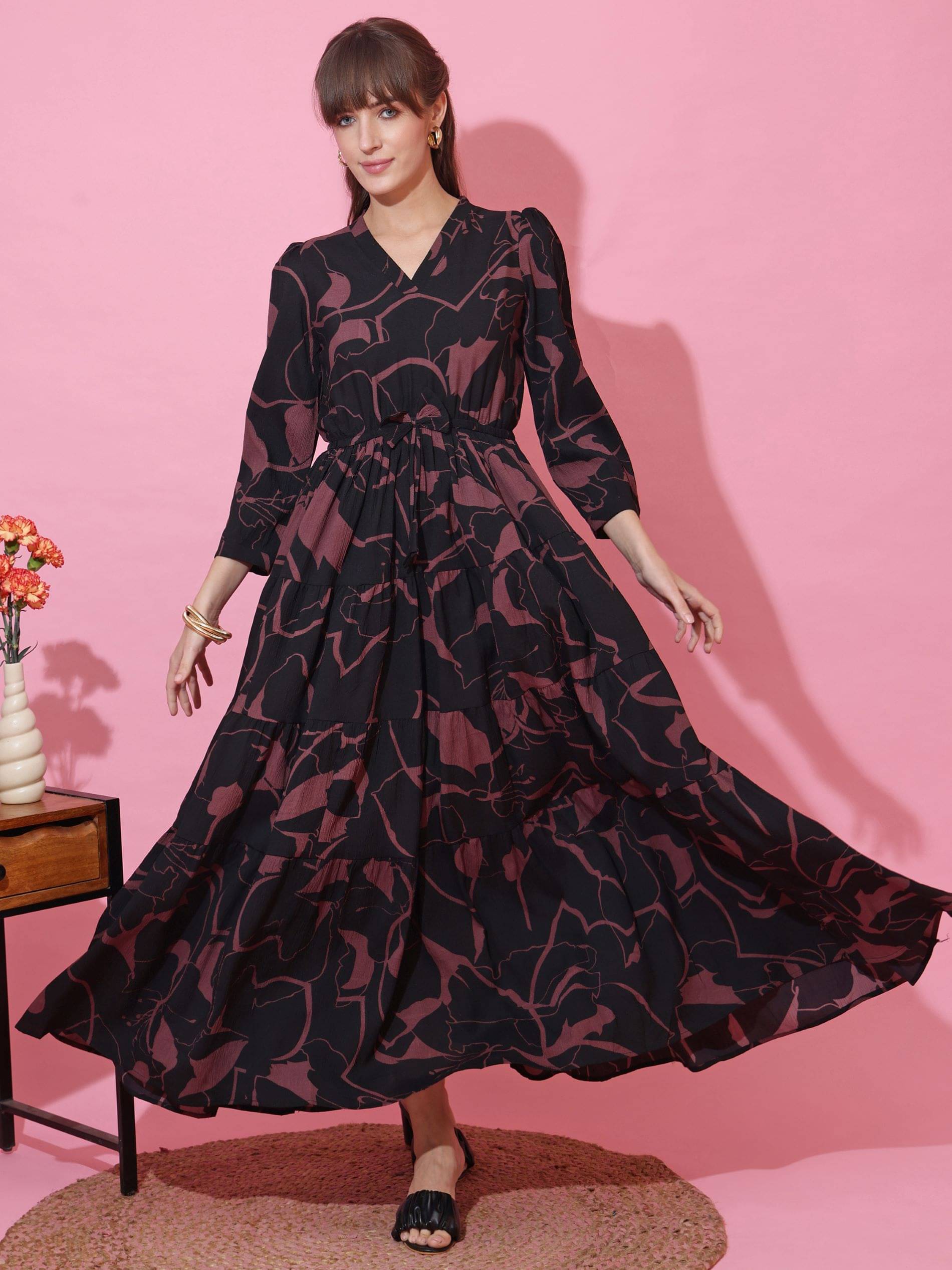     			Honky Tonky Women Crepe Printed Fit & Flare Dress ( Dark Brown )