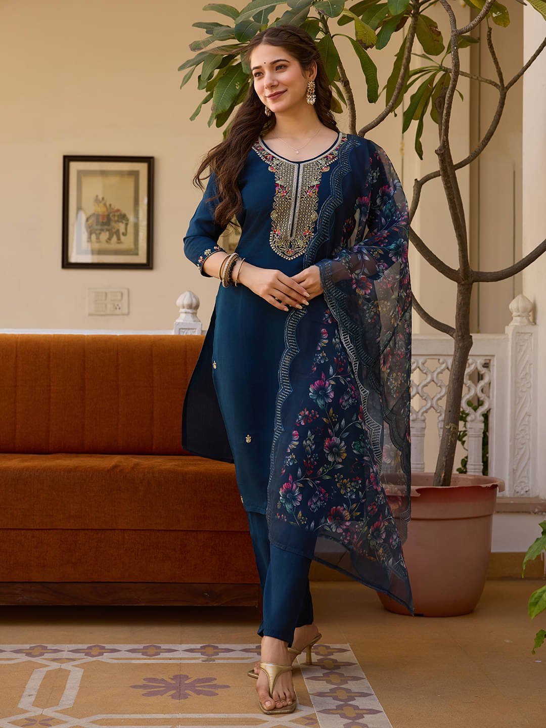     			KOTRONS Women Chanderi Embroidered A-line Kurti With Pants ( Blue )