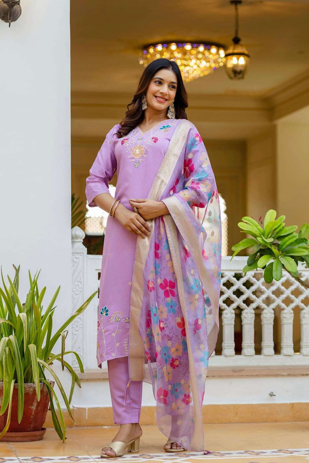     			KOTRONS Women Viscose Embroidered A-line Kurti With Pants ( Purple )