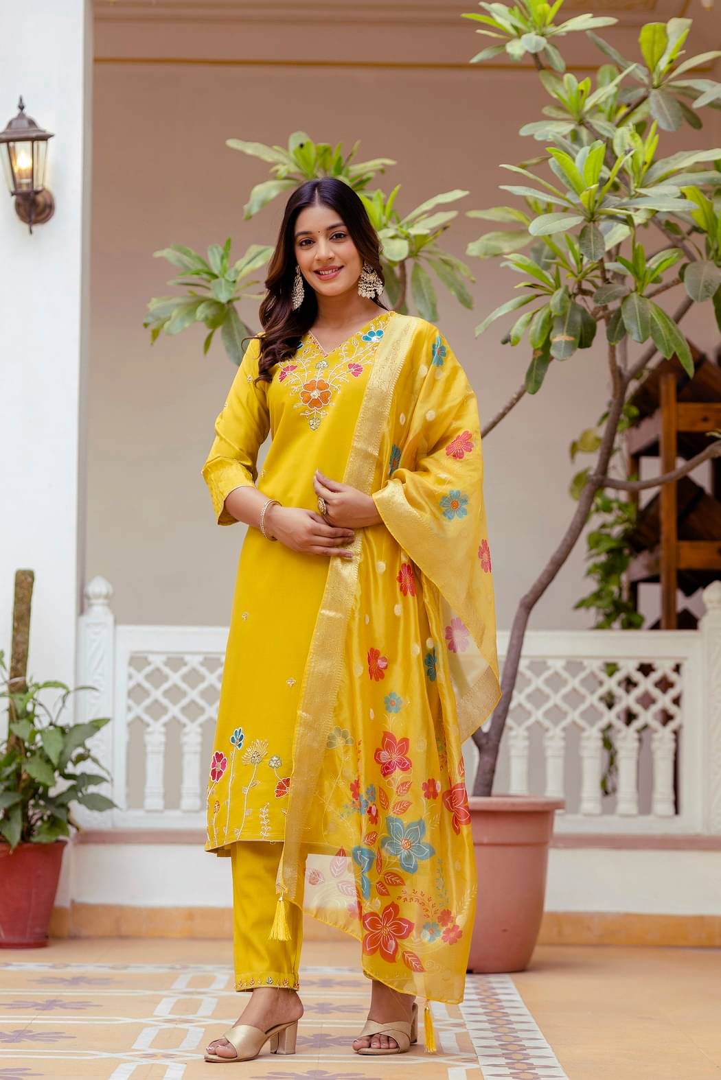     			KOTRONS Women Viscose Embroidered A-line Kurti With Pants ( Yellow )