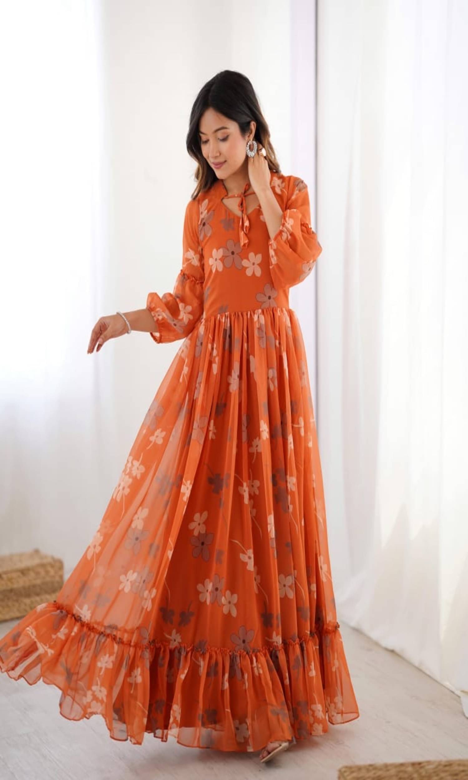     			Maa Enterprise Women Georgette Flared Stitched Ethnic Gown ( Rust )