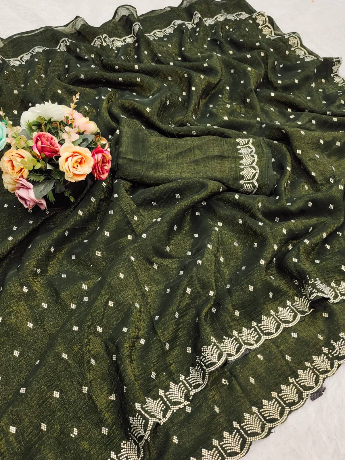     			Madhav Art Chiffon Embellished Regular Saree With Unstitched Blouse Piece ( Green )