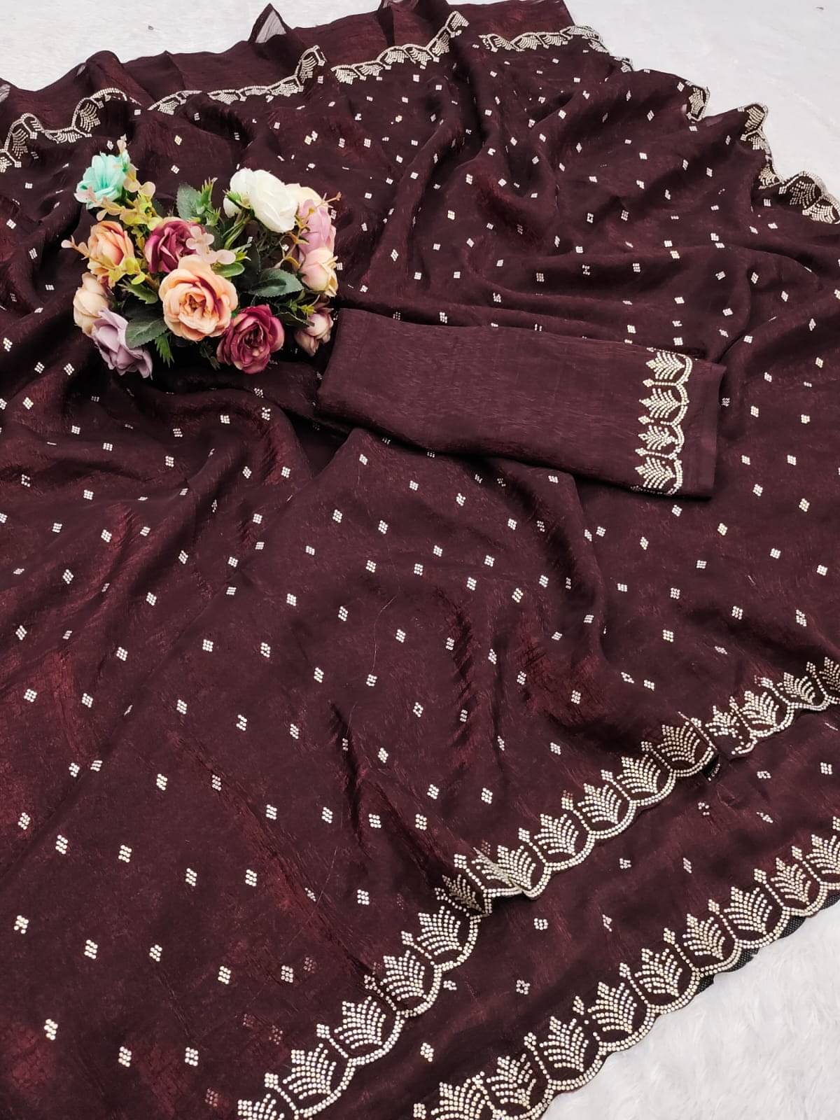     			Madhav Art Chiffon Embellished Regular Saree With Unstitched Blouse Piece ( Maroon )