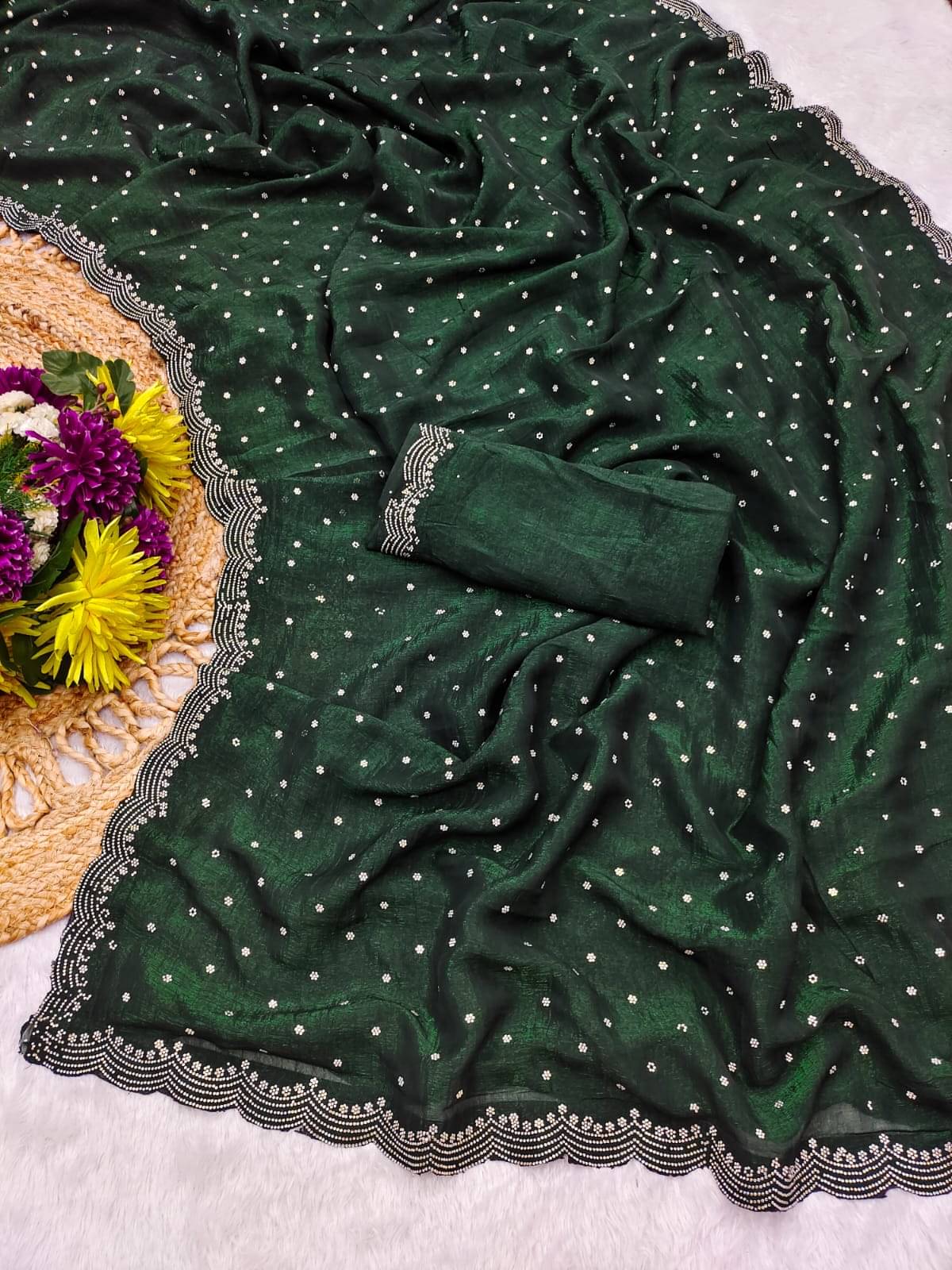 Madhav Art Chiffon Embellished Regular Saree With Unstitched Blouse Piece ( Olive ) Madhav Art Chiffon Embellished Regular Saree With Unstitched Blouse Piece ( Olive )