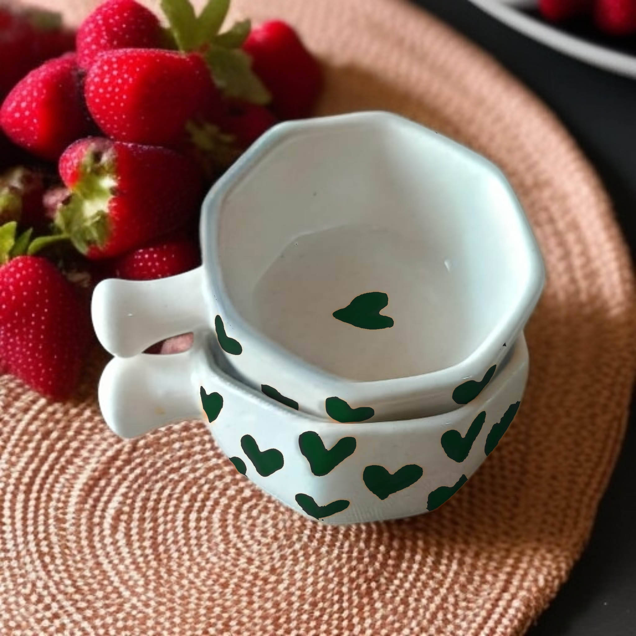     			Malaikah Grn Hrt Hexagonal Chutney Bowl Ceramic Printed Decorative Bowl 6 cm ( Set of 2 ) Green