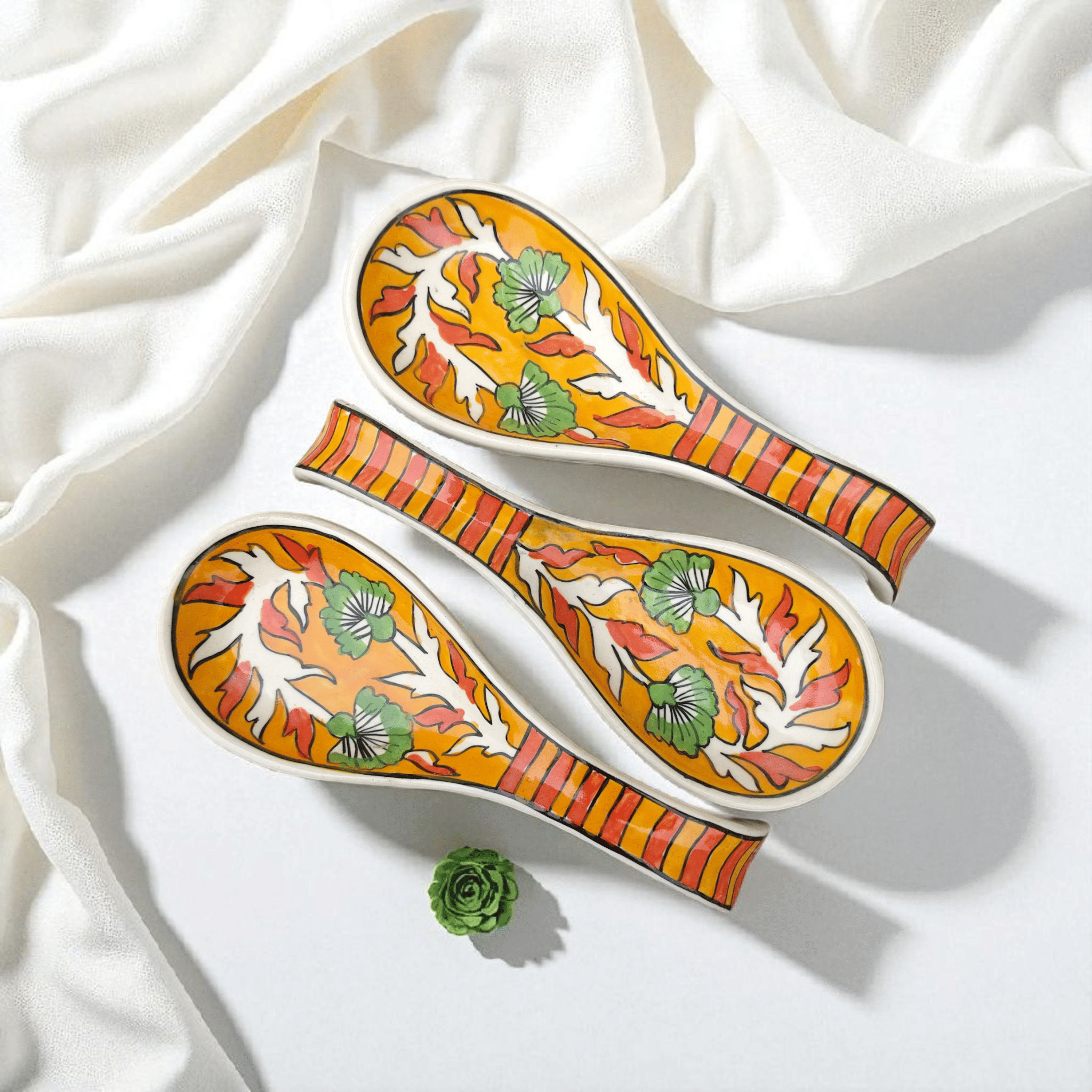     			Malaikah Orange Spoon Rest Ceramic Printed Soup Spoon Orange ( Pack of 3 )