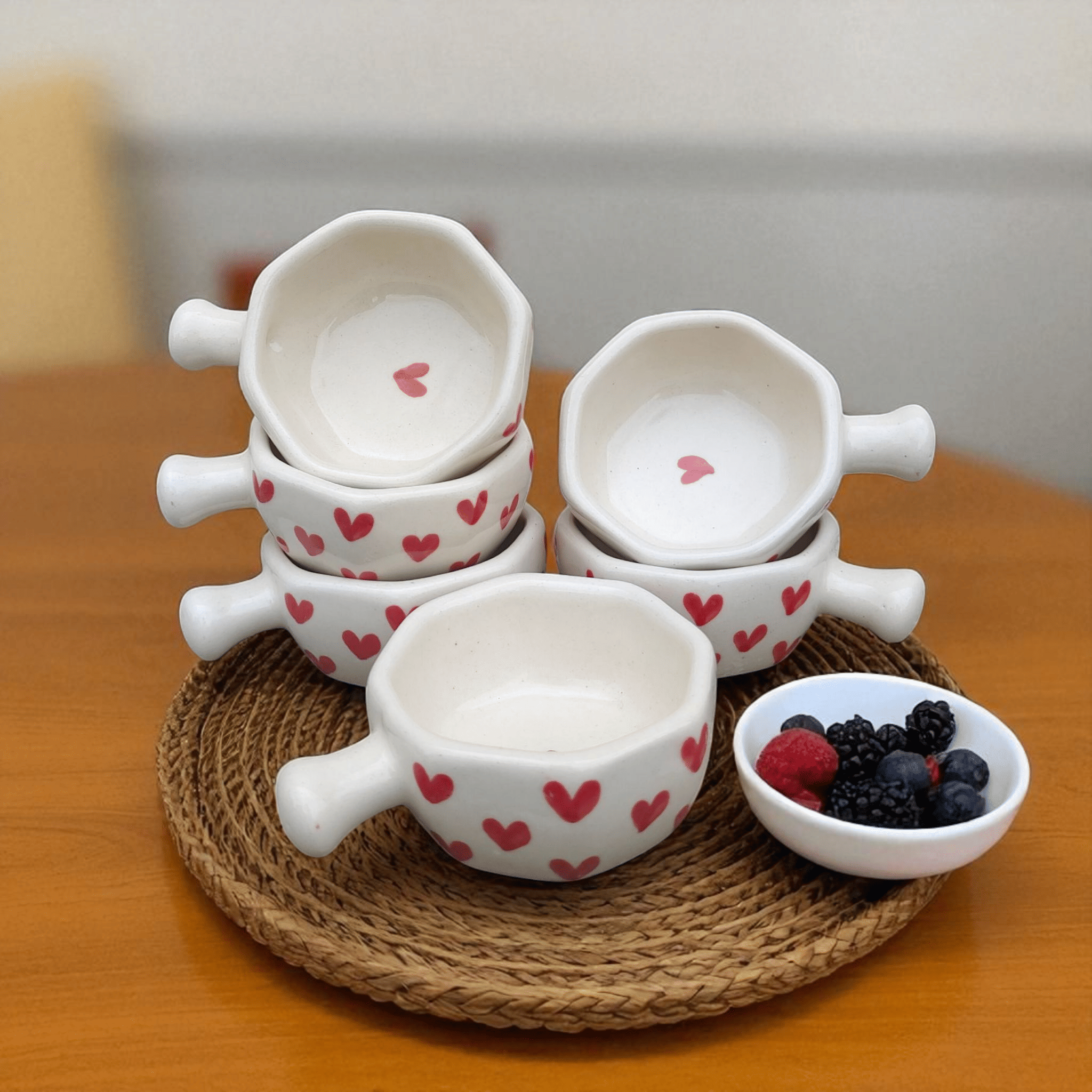     			Malaikah Red Hrt Hexagonal Chutney Bowl Ceramic Printed Decorative Bowl 6 cm ( Set of 6 ) Silver