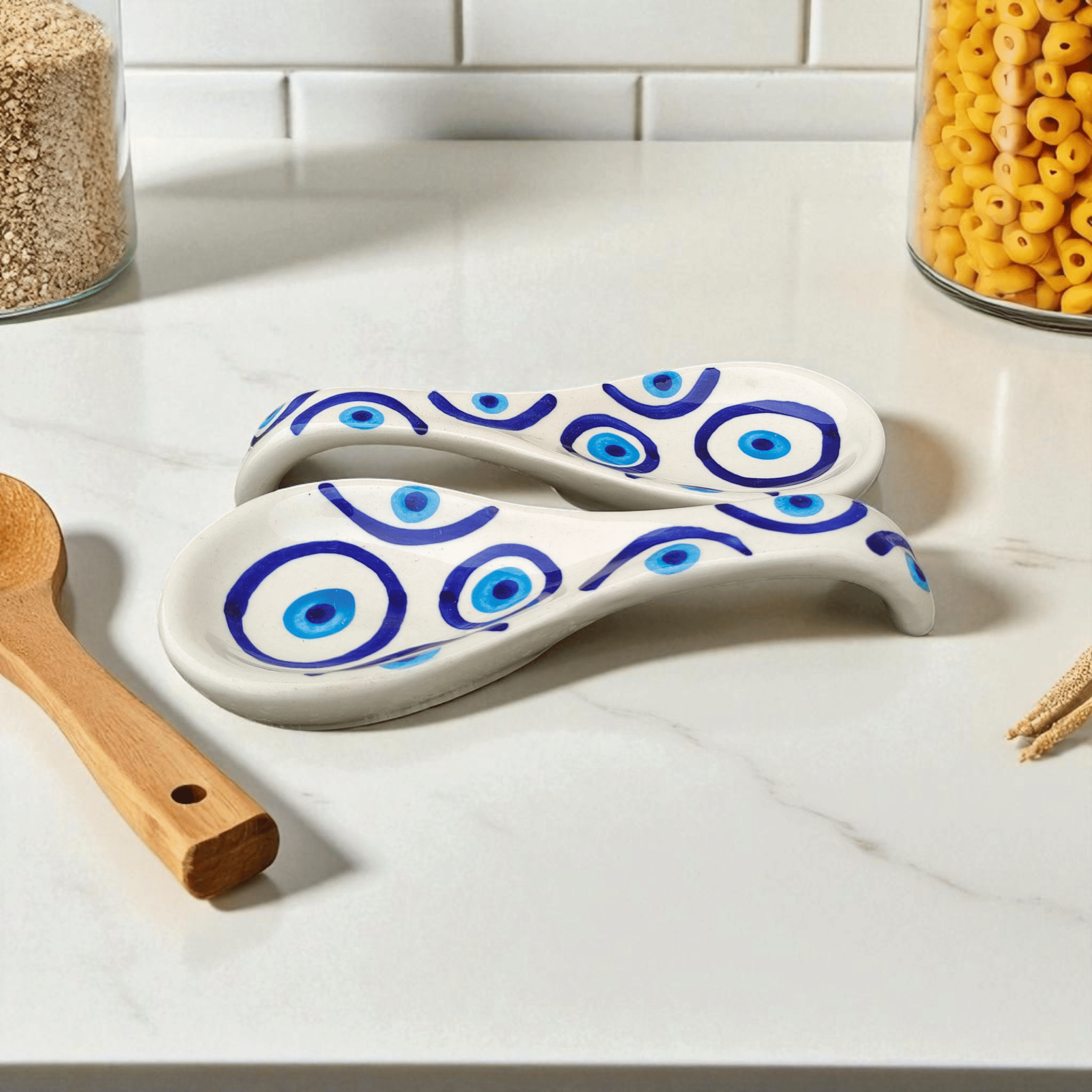     			Malaikah White Spoon Rest Ceramic Printed Soup Spoon White ( Pack of 2 )