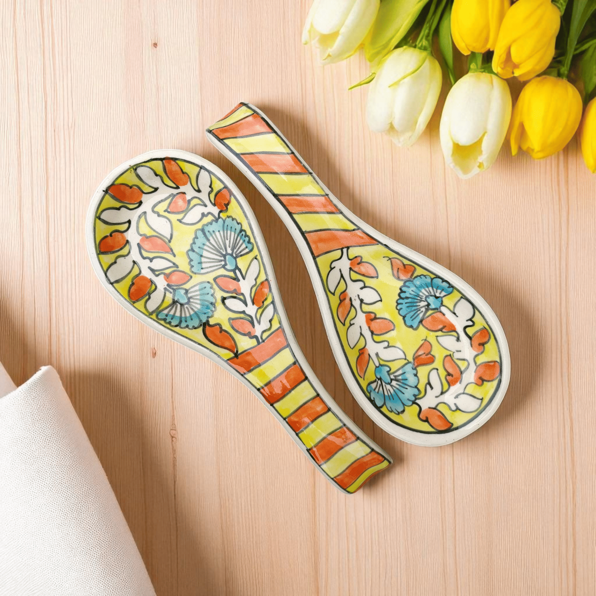     			Malaikah Yellow Spoon Rest Ceramic Printed Soup Spoon Yellow ( Pack of 2 )
