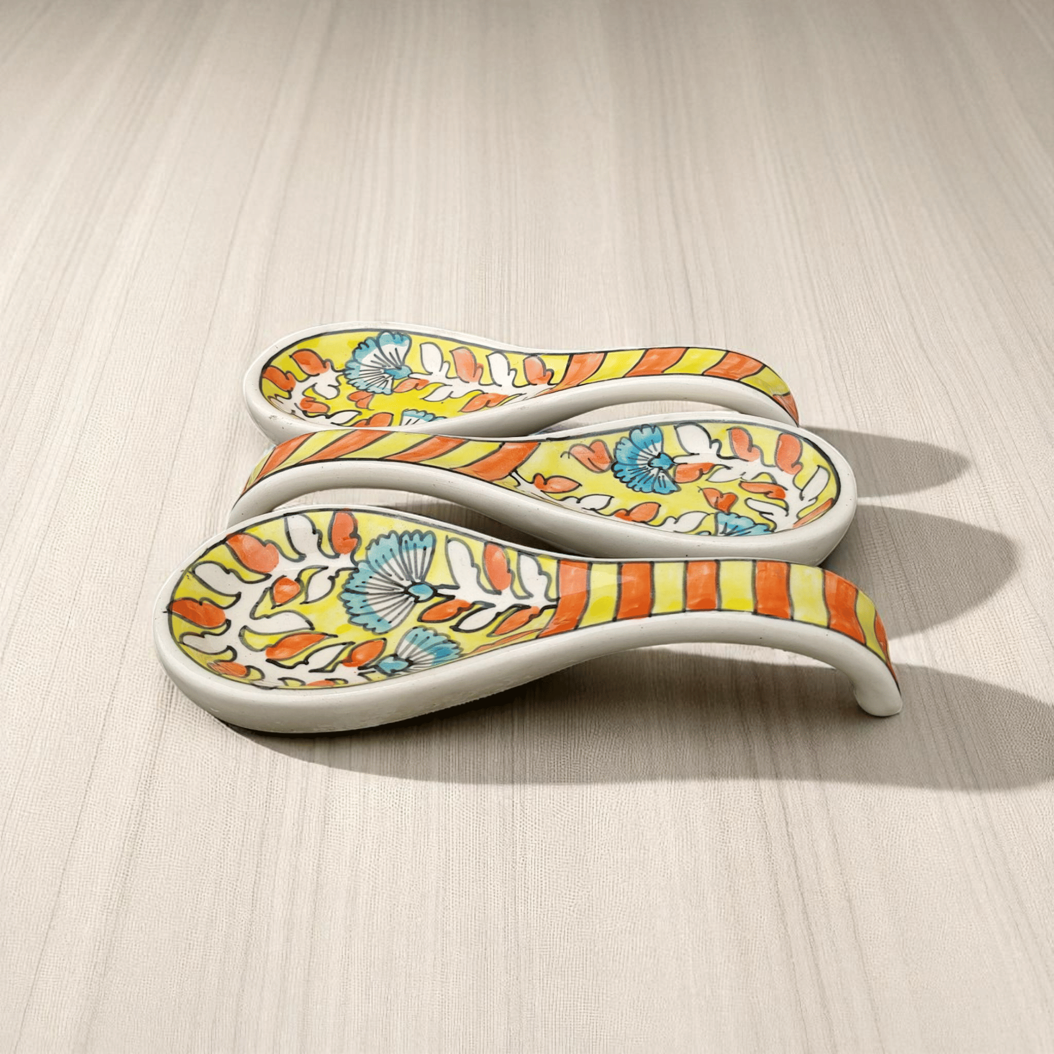     			Malaikah Yellow Spoon Rest Ceramic Printed Soup Spoon Yellow ( Pack of 3 )