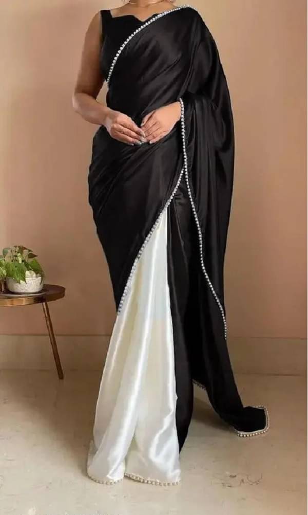 PALKAANO Satin Solid Regular Saree With Unstitched Blouse Piece ( Black ) PALKAANO Satin Solid Regular Saree With Unstitched Blouse Piece ( Black )