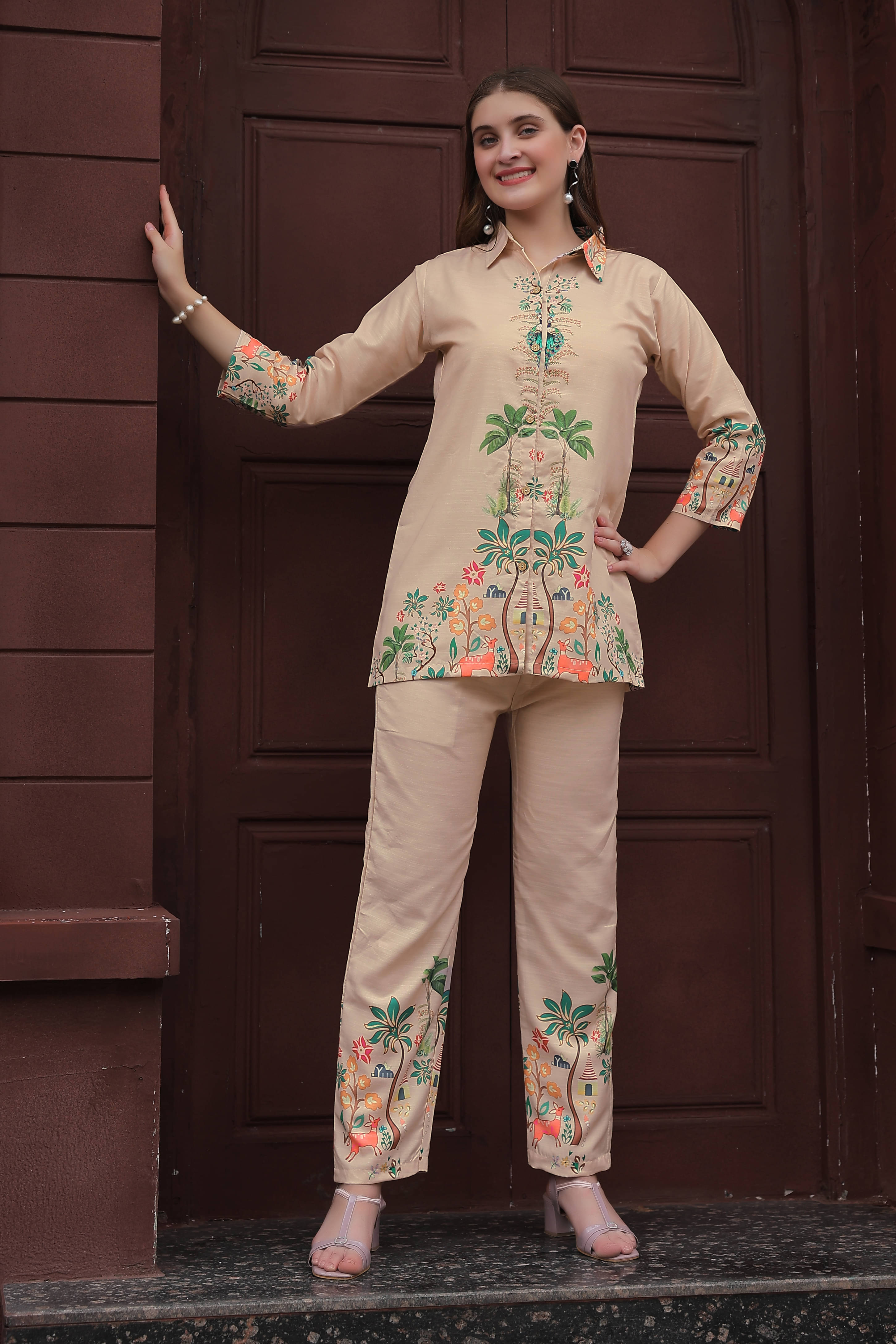     			Parampara Women Printed Top With Palazzos Co-Ord Set ( Beige )