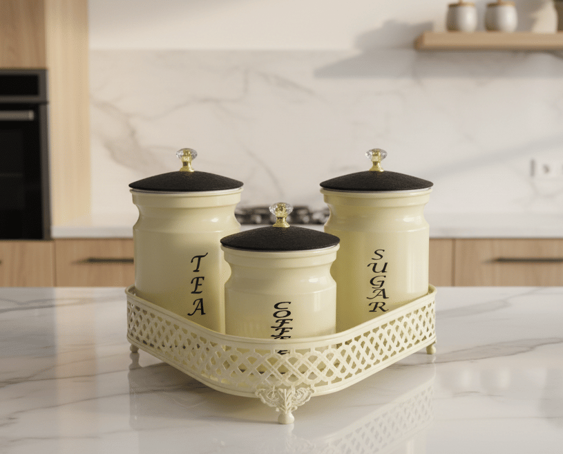 R.R.V. International Metal Tea Set Tray Steel Ivory Tea/Coffee/Sugar Container ( Set of 4 )