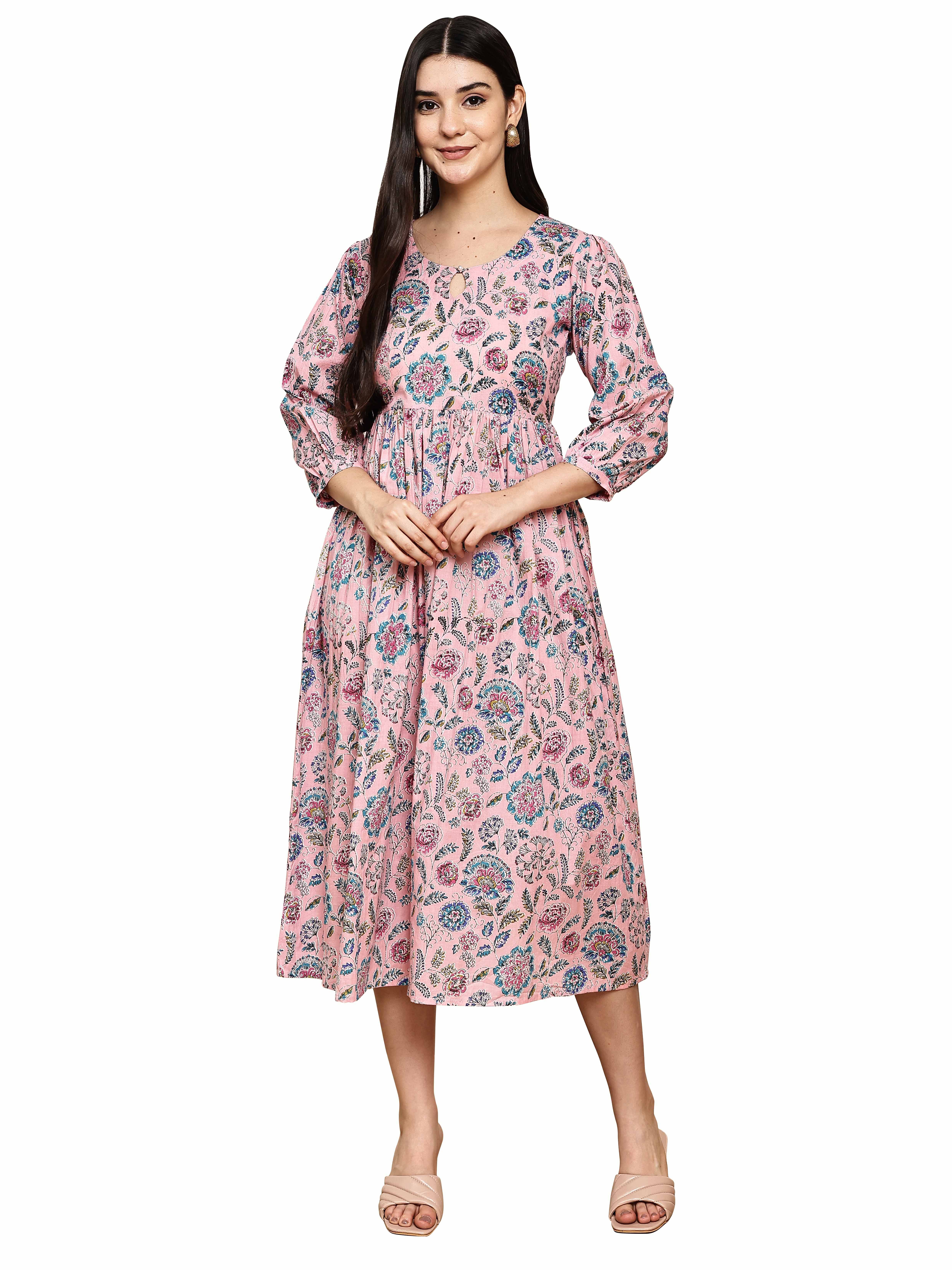Rajnandini Women Cotton Printed A-line Dress ( Pink ) Rajnandini Women Cotton Printed A-line Dress ( Pink )