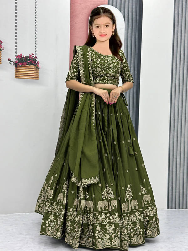 Supar Sleave Georgette Lehenga Choli Set For Girls ( Pack of 1 , Olive Green ) Supar Sleave Georgette Lehenga Choli Set For Girls ( Pack of 1 , Olive Green )