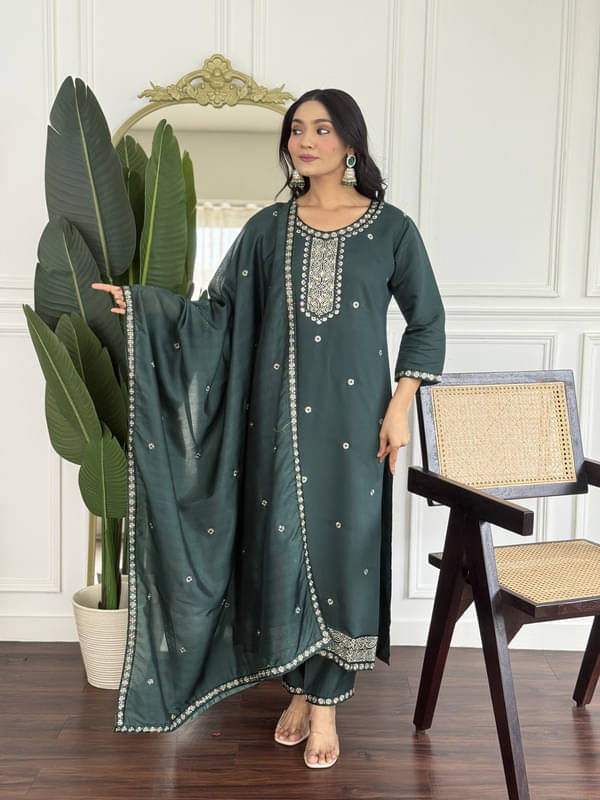    			Supar Sleave Women Chanderi Embroidered Straight Kurti With Pants ( Dark Green )