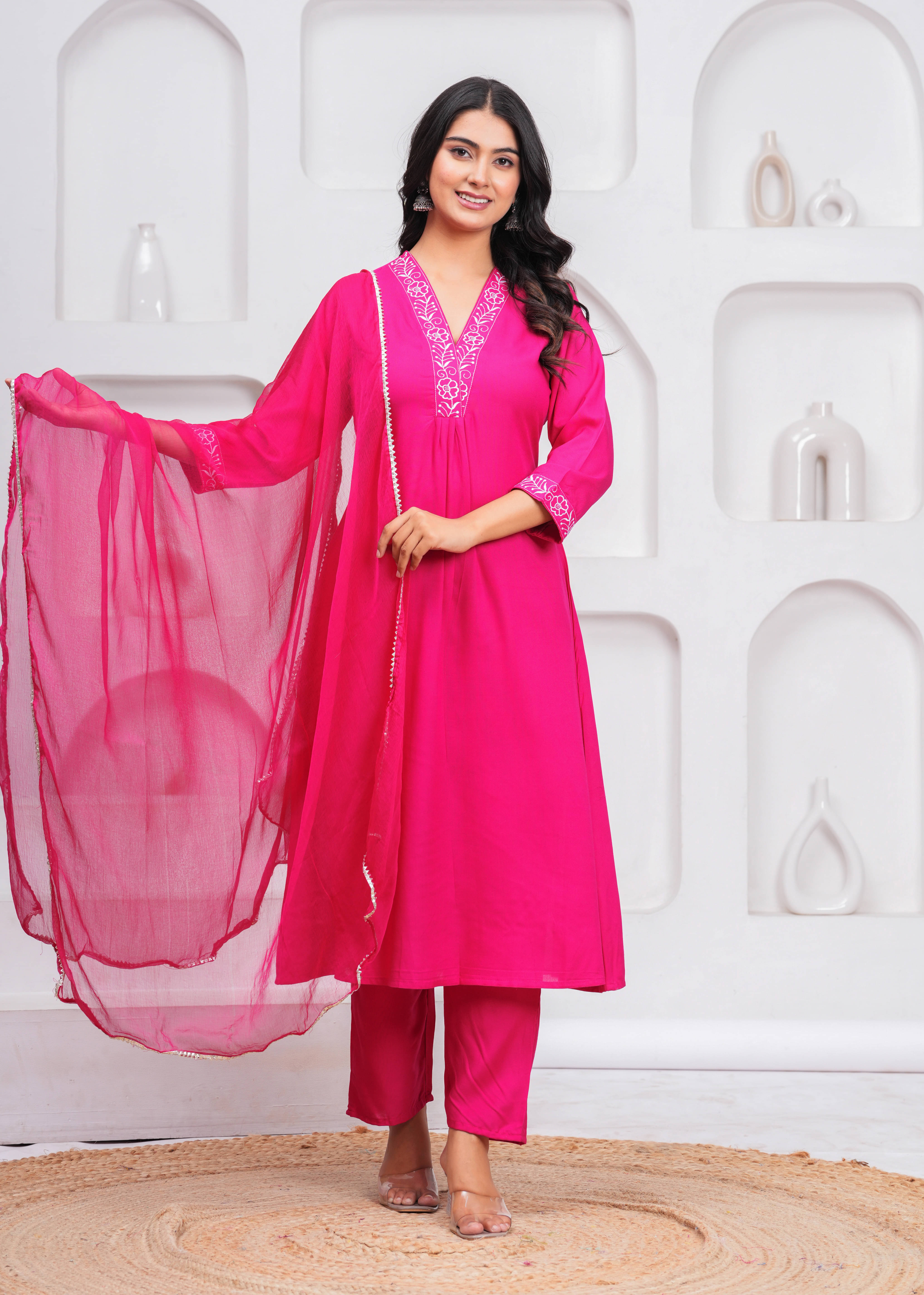     			VESHVITI Women Rayon Printed A-line Kurti With Pants ( Pink )