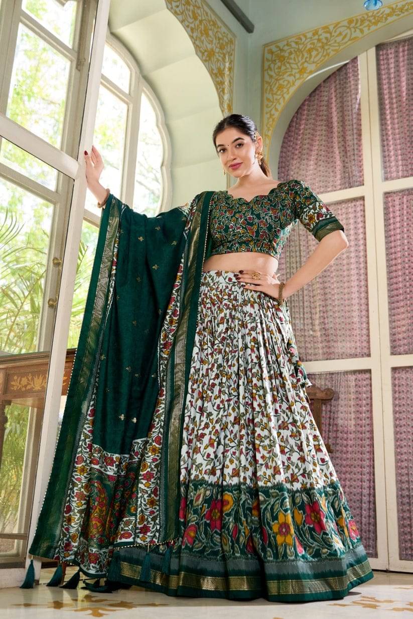     			CYNOR Green Tussar Silk Circular Semi Stitched Lehenga Single