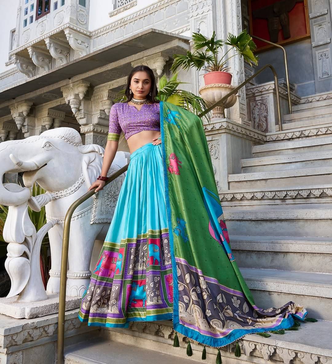 CYNOR Turquoise Tussar Silk Circular Semi Stitched Lehenga Single CYNOR Turquoise Tussar Silk Circular Semi Stitched Lehenga Single