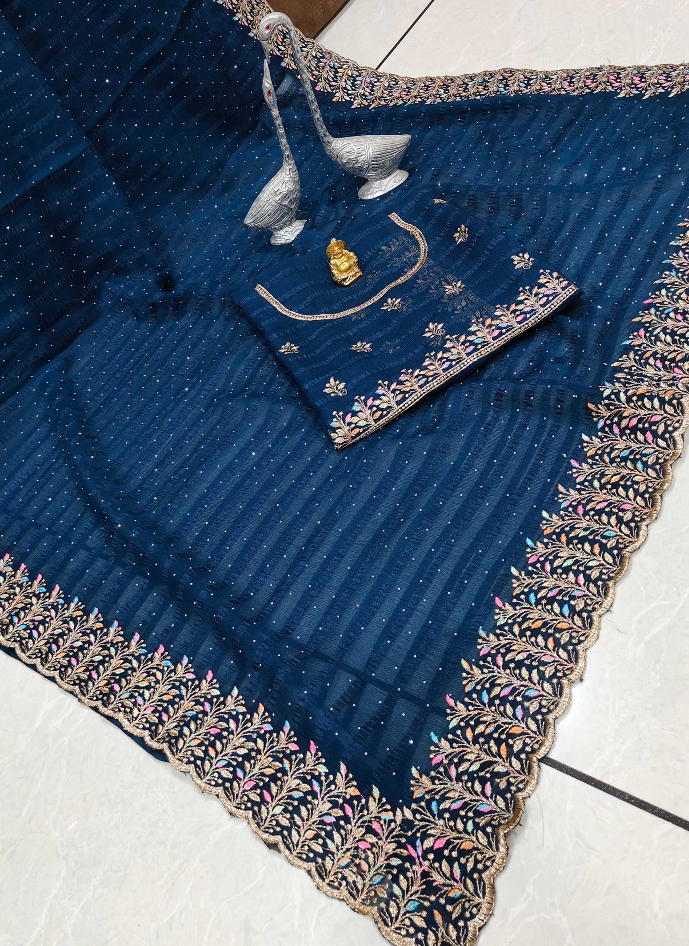 Crazy Creation Silk Blend Embroidered Regular Saree Without Blouse Piece ( Navy Blue ) Crazy Creation Silk Blend Embroidered Regular Saree Without Blouse Piece ( Navy Blue )