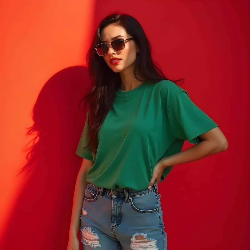 Knite Wolf Women Cotton Blend Solid Oversized Fit Round Neck T-Shirt ( Green )