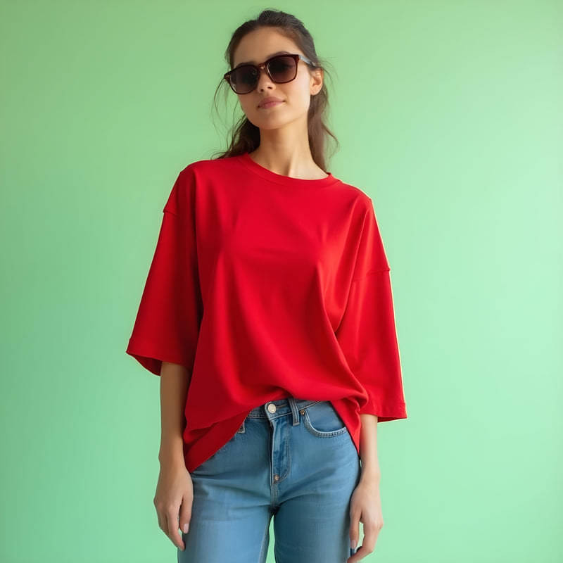     			Knite Wolf Women Cotton Blend Solid Oversized Fit Round Neck T-Shirt ( Red )
