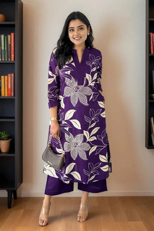     			piludi Women Viscose Printed Straight Kurti With Salwar ( Purple )