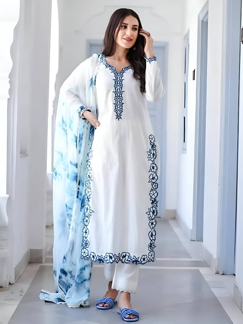     			ARISEN Store Women Rayon Embroidered Straight Kurti With Salwar ( White )