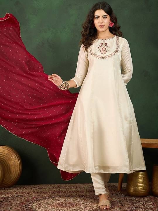     			ARISEN Store Women Silk Blend Embroidered A-line Kurti With Salwar ( Grey )