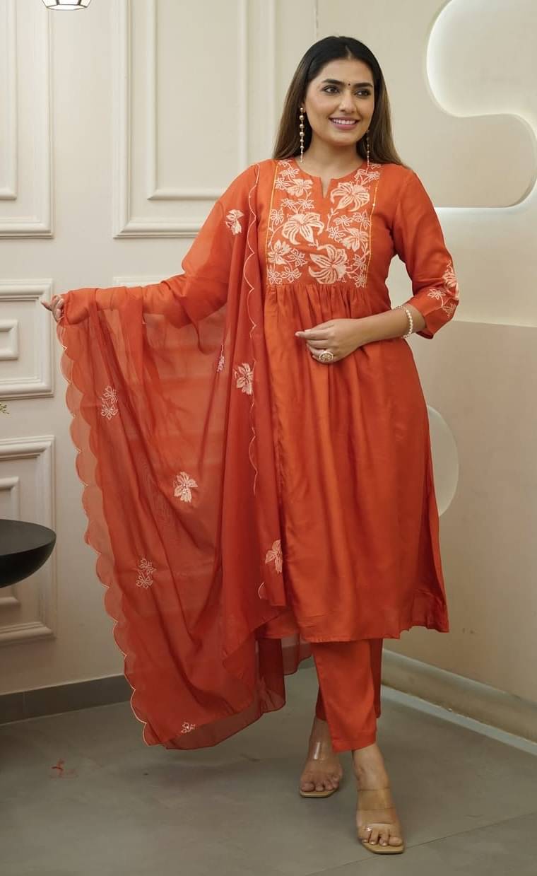 ARISEN Store Women Silk Blend Embroidered Straight Kurti With Salwar ( Rust ) ARISEN Store Women Silk Blend Embroidered Straight Kurti With Salwar ( Rust )