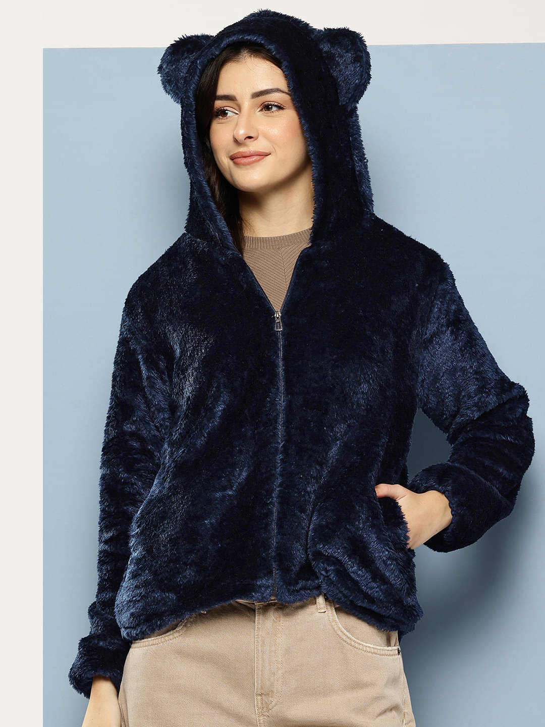     			Aarika - Faux Fur Navy Hooded Jackets