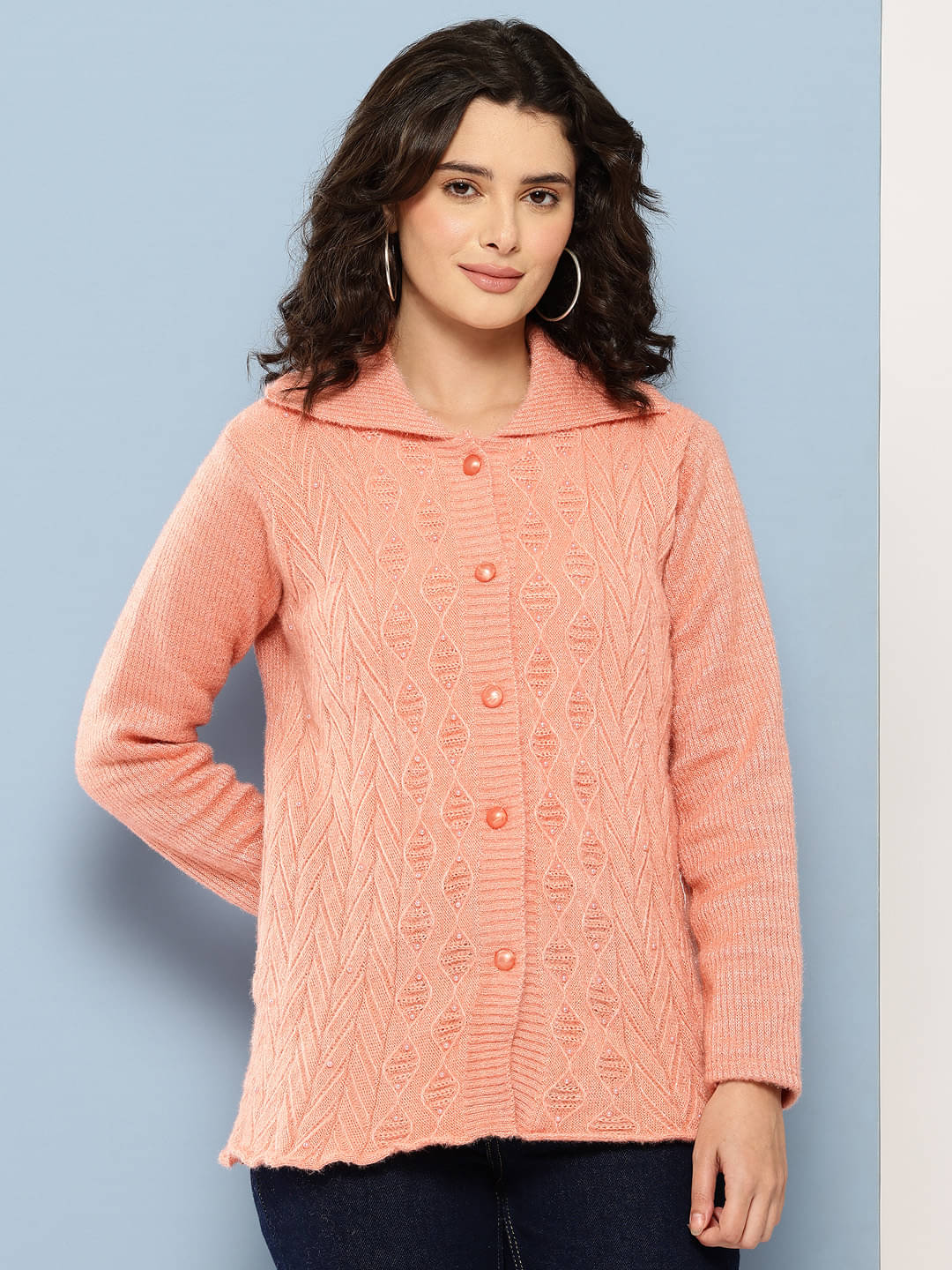 Aarika Woollen Regular Collar Women's Buttoned Cardigans - Peach ( Pack of 1 ) Aarika Woollen Regular Collar Women's Buttoned Cardigans - Peach ( Pack of 1 )