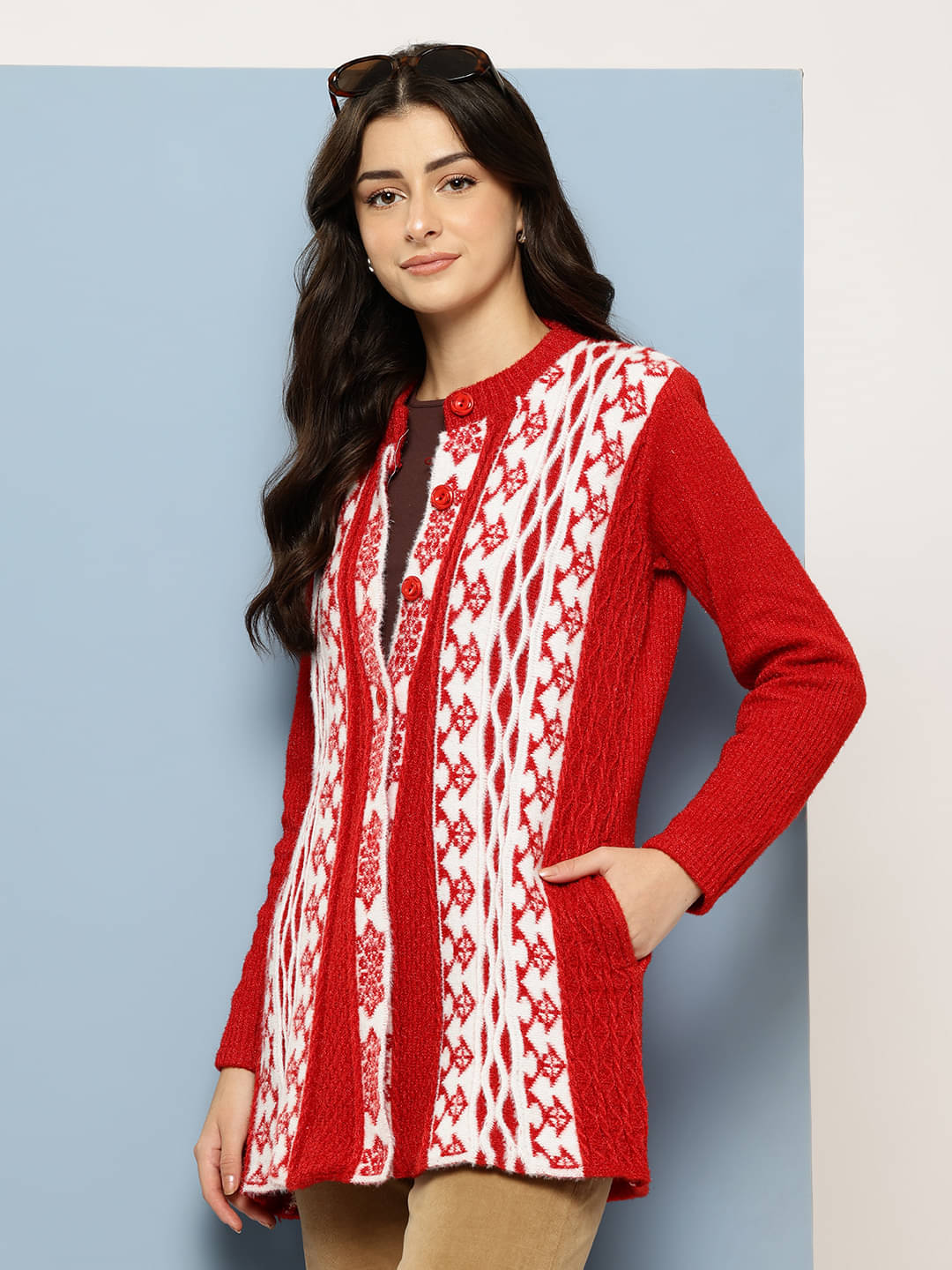 Aarika Woollen Regular Collar Women's Buttoned Cardigans - Red ( Pack of 1 ) Aarika Woollen Regular Collar Women's Buttoned Cardigans - Red ( Pack of 1 )