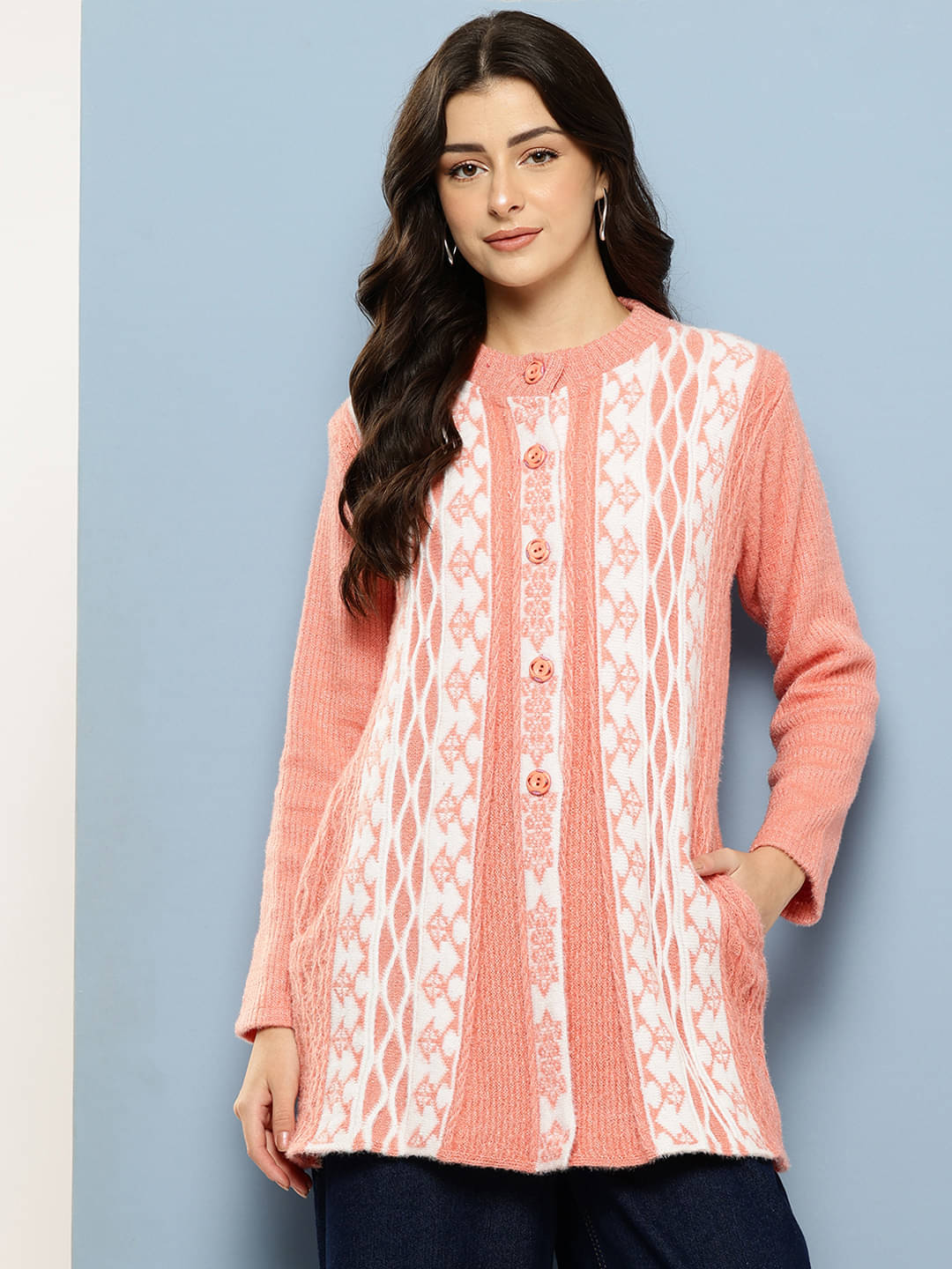 Aarika Woollen Regular Collar Women's Buttoned Cardigans - Peach ( Pack of 1 ) Aarika Woollen Regular Collar Women's Buttoned Cardigans - Peach ( Pack of 1 )