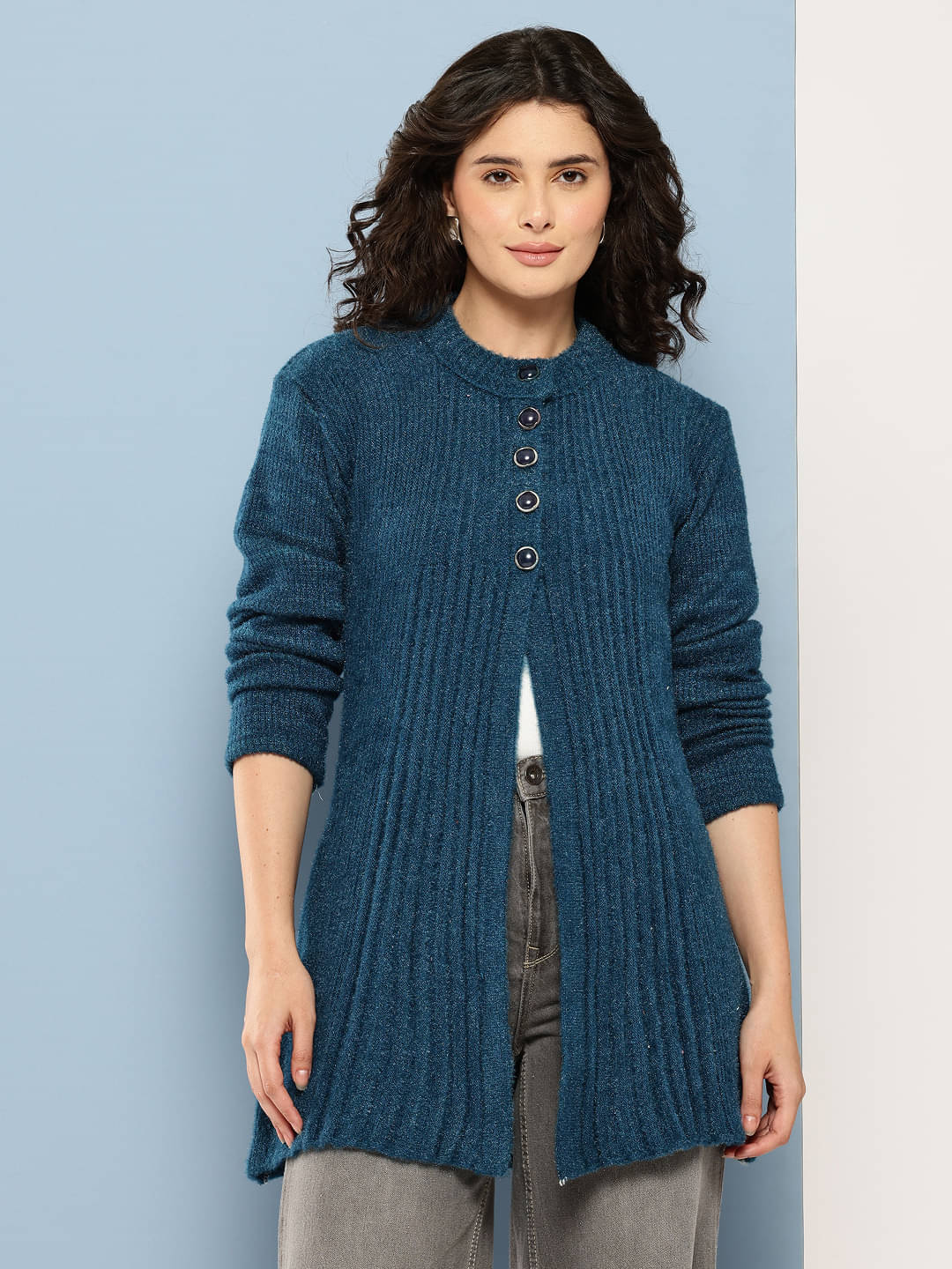Aarika Woollen Regular Collar Women's Buttoned Cardigans - Blue ( Pack of 1 ) Aarika Woollen Regular Collar Women's Buttoned Cardigans - Blue ( Pack of 1 )