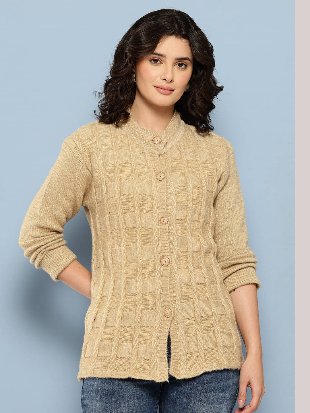 Aarika Women Woollen Round Neck Cardigan ( Beige )     			Aarika Women Woollen Round Neck Cardigan ( Beige )