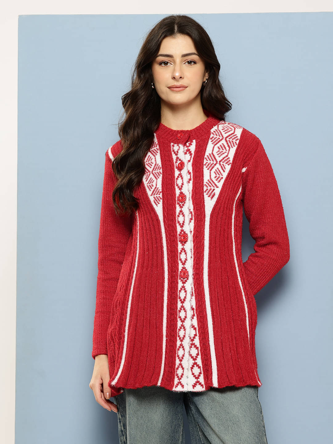 Aarika Woollen Round Neck Women's Buttoned Cardigans - Red ( Pack of 1 ) Aarika Woollen Round Neck Women's Buttoned Cardigans - Red ( Pack of 1 )